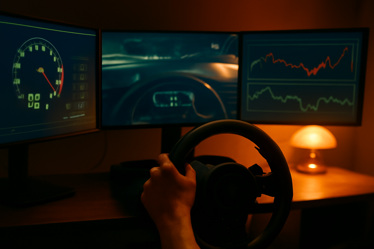 Layar monitor menampilkan grafik telemetri saat sesi latihan game balap simulasi
