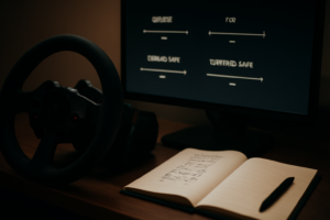 Cockpit simulator balap dengan monitor berisi pengaturan suspensi dan catatan waktu lap di meja