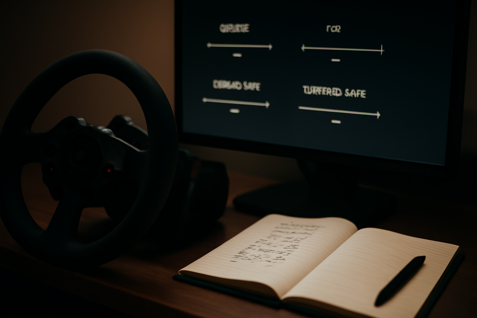Cockpit simulator balap dengan monitor berisi pengaturan suspensi dan catatan waktu lap di meja