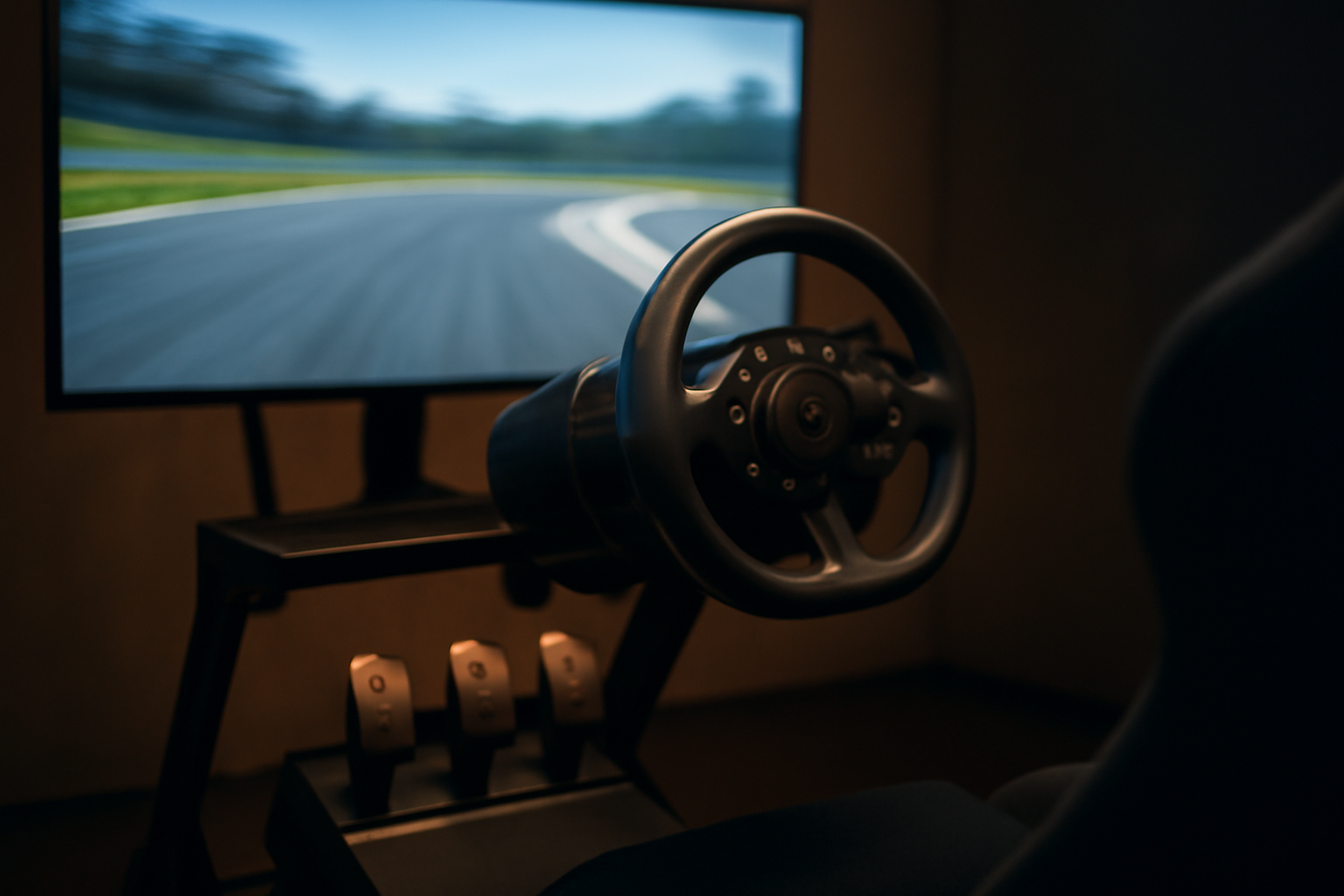 Simulator balap dengan setir dan pedal di ruangan gelap saat sesi latihan