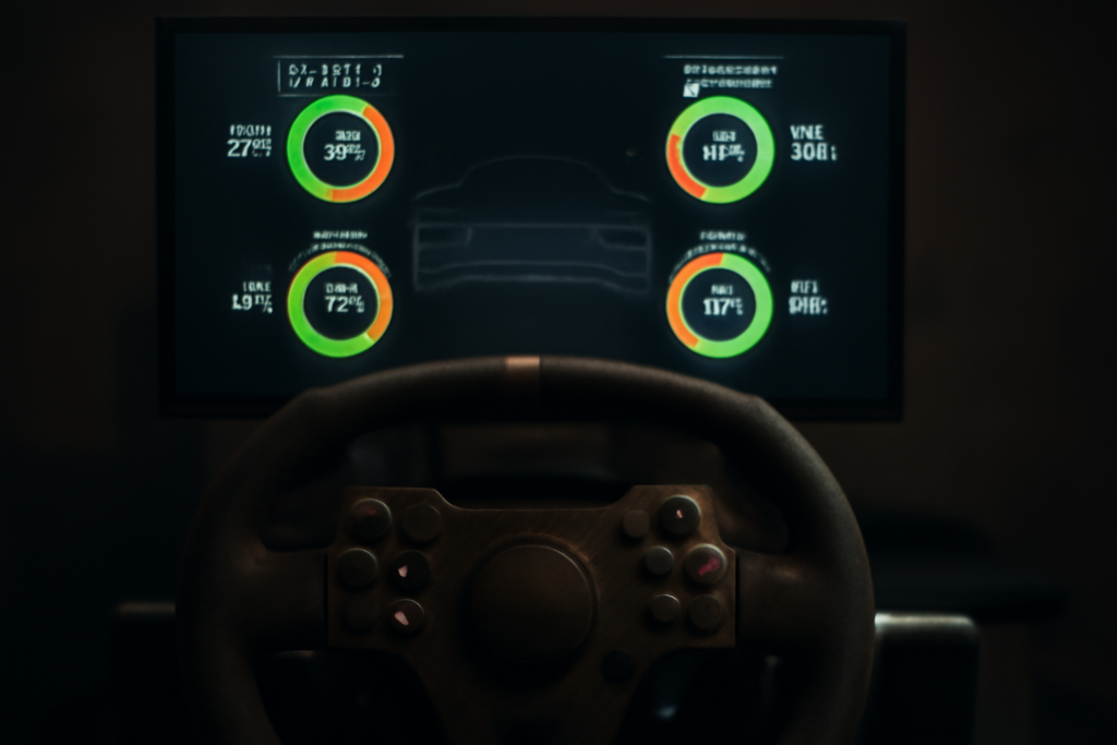 Cockpit simulator balap dengan tampilan telemetri suhu dan keausan ban di monitor