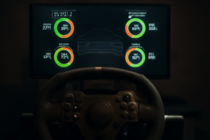 Cockpit simulator balap dengan tampilan telemetri suhu dan keausan ban di monitor