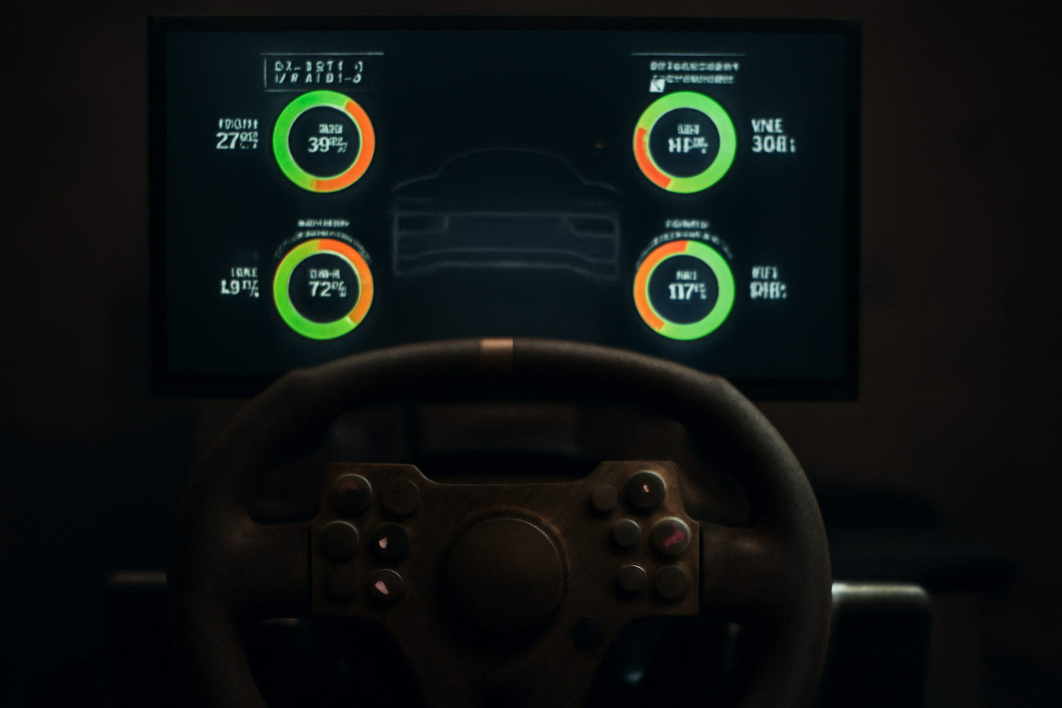 Cockpit simulator balap dengan tampilan telemetri suhu dan keausan ban di monitor