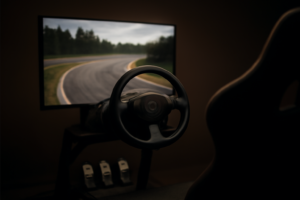 Simulator balap dengan setir dan pedal di ruangan gelap, layar menampilkan tikungan sirkuit