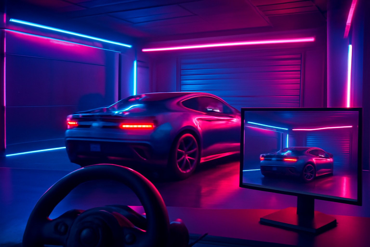 Mobil balap di garasi virtual dalam game dengan setir dan monitor di depan