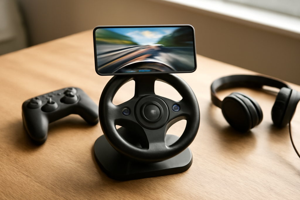 Ponsel dipasang pada setir mini untuk bermain game balap mobile di meja