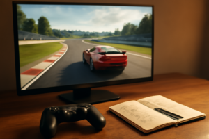 Perbandingan game balap mode karier dengan layar monitor dan catatan