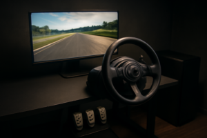 Setup simulator balap PC dengan setir dan monitor menampilkan lintasan balap