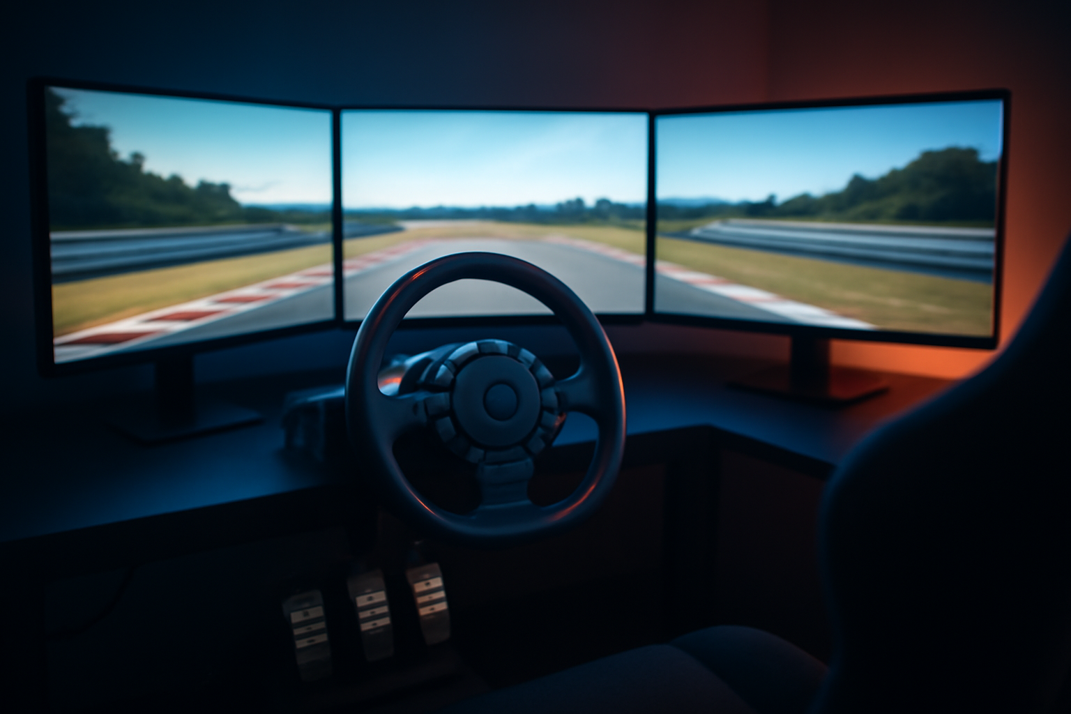 Setelan simulator balap dengan setir dan pedal di depan tiga monitor