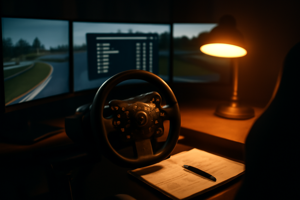 Cockpit simulator balap dengan catatan titik pengereman untuk latihan konsistensi waktu lap